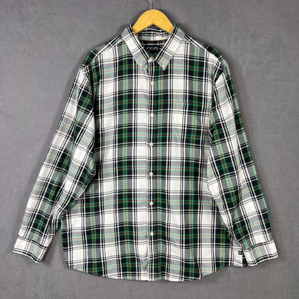 Chaps Plaid Shirt Mens XXL Black White Green Long Sleeve Button Down Cotton